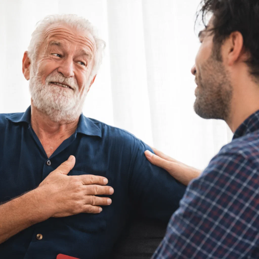 Elder man having a real conversation — brain fog cleared